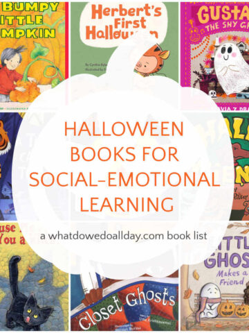 Collage of books with text overlay, "Halloween books for social emotional learning"