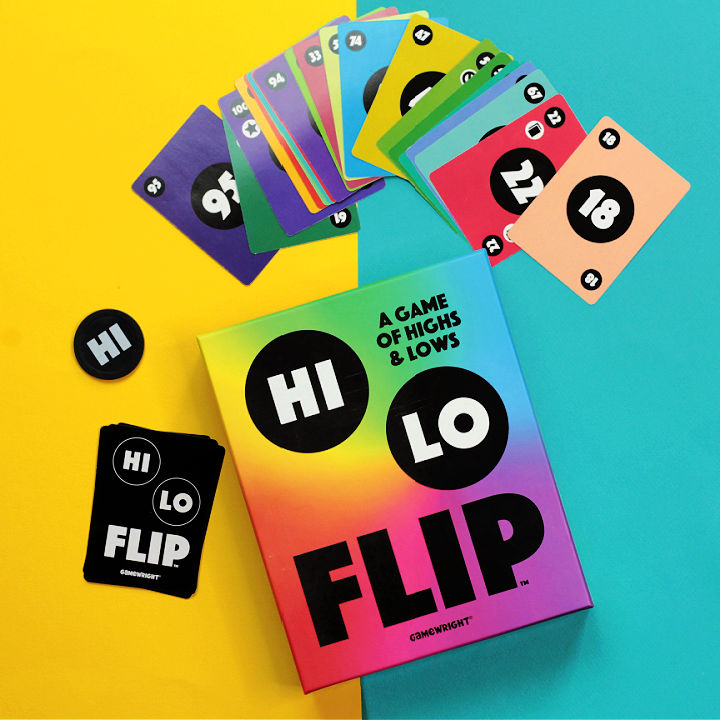 Hi Lo colorful card game box and fan of numbered cards and "HI" chip on blue and yellow background