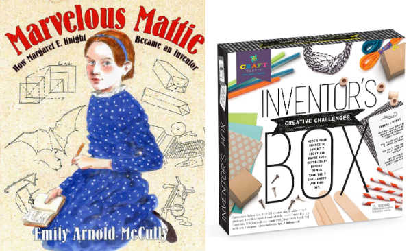 Inventor's Box toy kit and Marvelous Mattie book cover