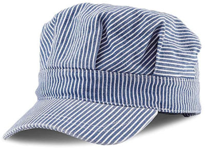 Blue and white striped child's play train conductor hat