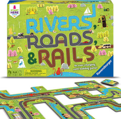 Rivers Roads and Rails board game layout with green box and colorful tiles
