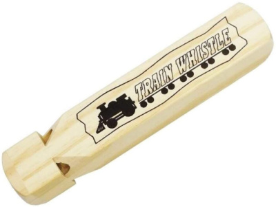 Wooden train whistle with black train printed on it