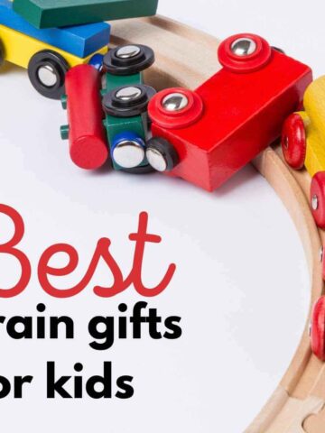 Toy train falling off tracks and text best train gifts for kids