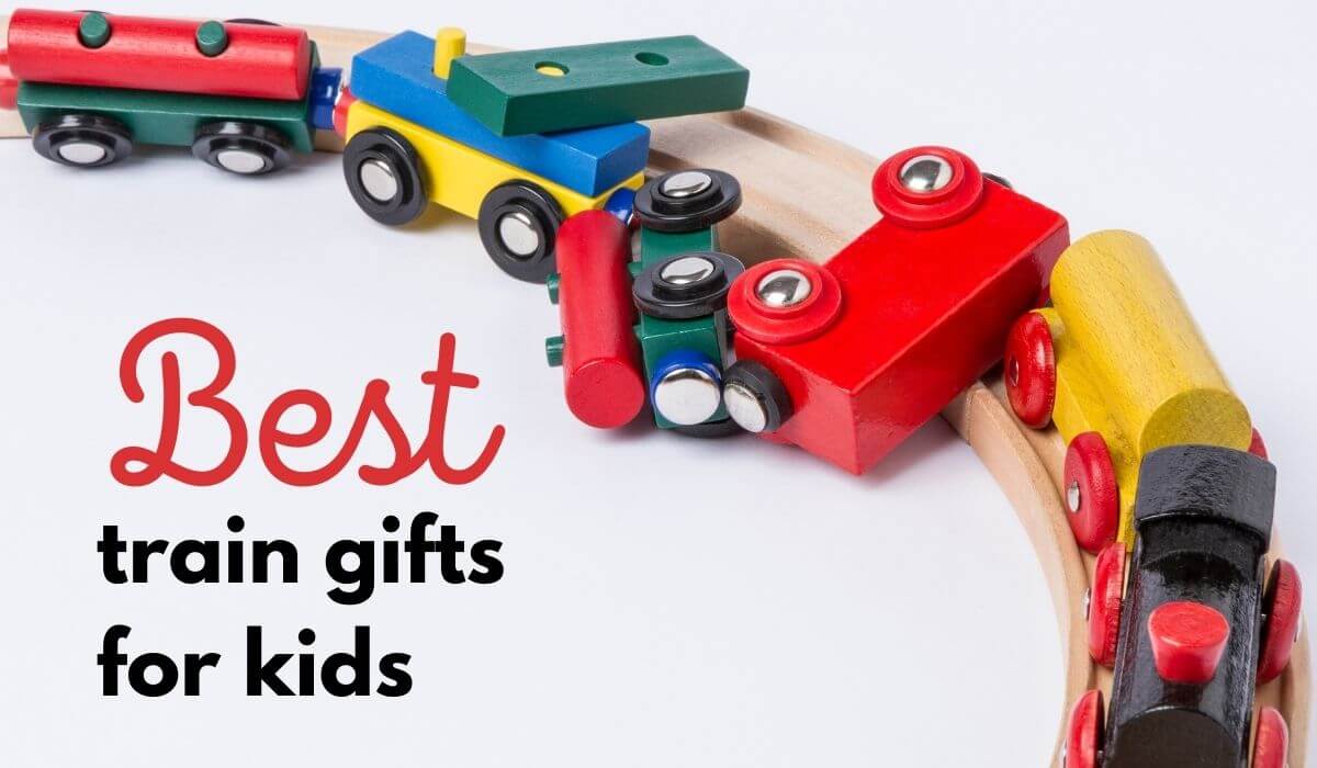 Toy train falling off tracks and text best train gifts for kids