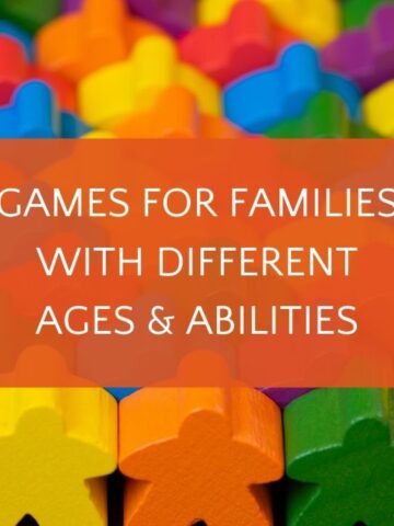 Rainbow of meeples with overlay text games for families with different ages and abilities