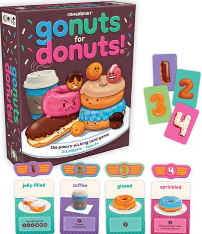 Go Nuts for Donuts card game box and cards on display