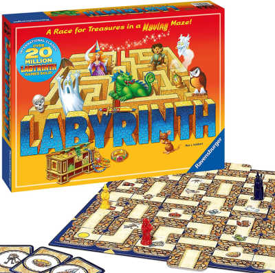 Labyrinth board game box with game boards and pieces