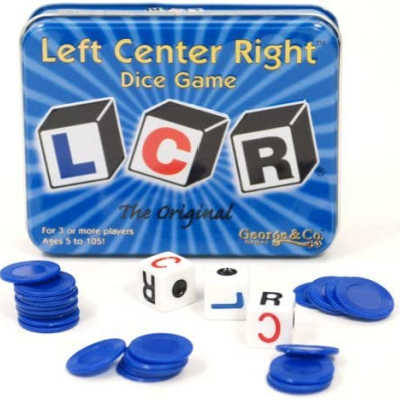 LCR dice game and blue token chips