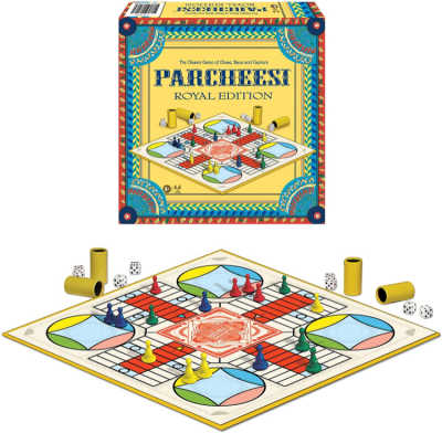 Parcheesi box and game board set up