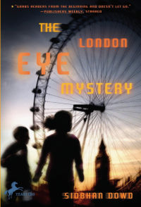 The London Eye Mystery book cover featuring children's silhouette's against the London Eye at dusk.