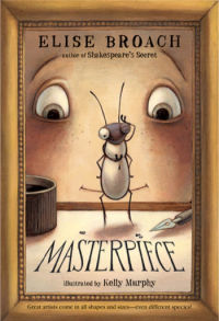Masterpiece children's book cover featuring close up of boy looking at a bug. 