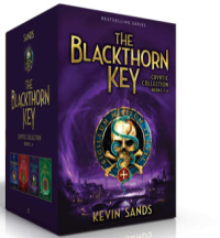 Purple box set of The Blackthorn Key mystery book series for middle schoolers. Box shows illustration of skull over city