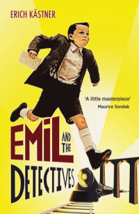 Emil and the Detectives yellow book cover with illustration of boy in shorts running in front of a train holding an envelope