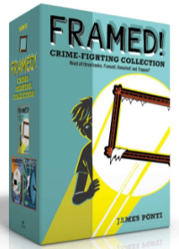Framed! mystery book box set in green box featuring spotlight on empty art frame and part of a boy behind it