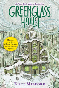 Book cover for Greenglass House mystery novel for kids. Cover shows large house in a snowy landscape.