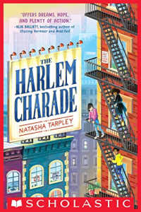 The Harlem Charade middle grade mystery book cover featuring children on fire escape of colorful apartment building