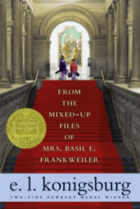 From the Mixed Up Files of Mrs. Basil E. Frankweiler book cover showing two children at end of red carpet leading to a museum