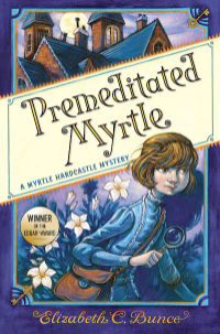 Premeditated Myrtle book cover with illustration of girl wearing a bag and walking away from large mansion