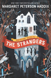 Book cover of The Strangers featuring white house and three silhouettes in front of it and reflected below text
