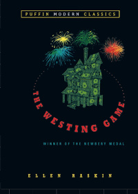 The Westing Game book cover showing green house on black background with fireworks