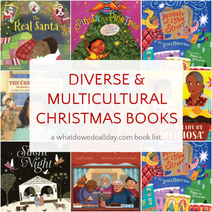 Collage of diverse and multicultural Christmas books for children