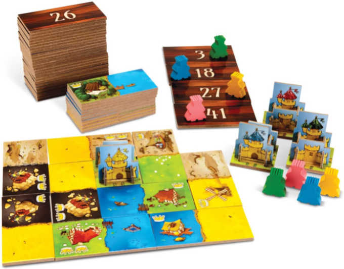 Kingdomino tiles and game pieces