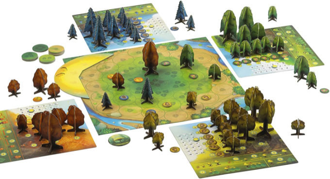 Photosynthesis game board with tree tokens laid out