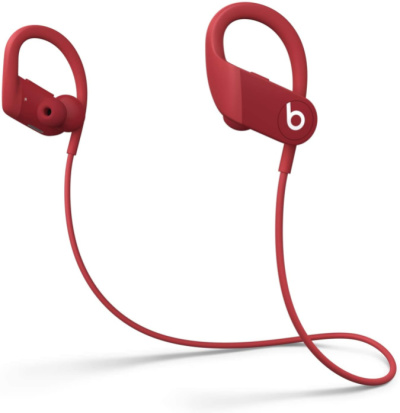 Red powerbeats earbuds with wire that connects them