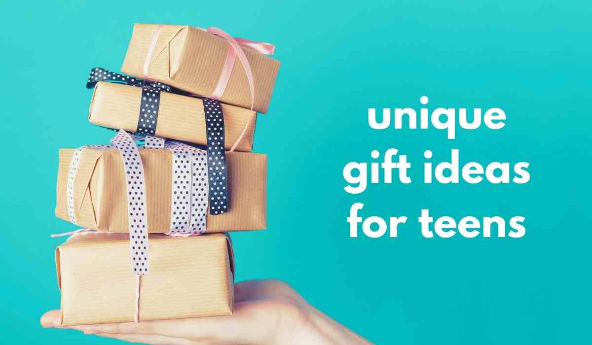 Hand holding stack of wrapped gifts next to text, unique gift ideas for teens.