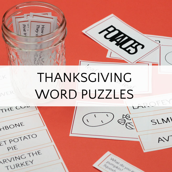 Thanksgiving Word puzzle printable and glass jar holding riddles