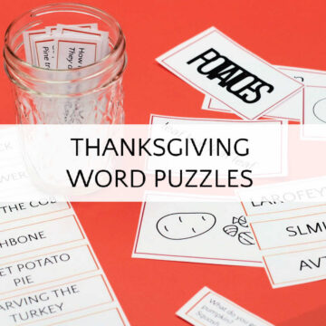 Thanksgiving word puzzle printable and riddles scattered on orange background and in glass jar.