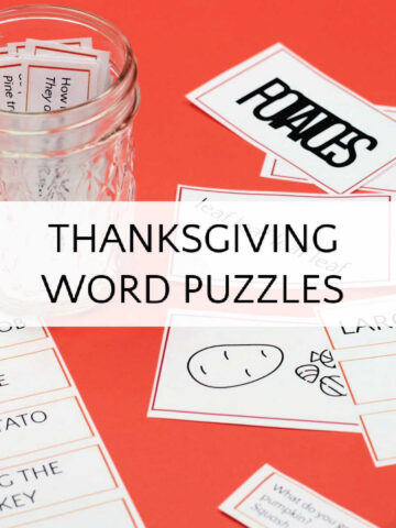 Thanksgiving word puzzle printable and riddles scattered on orange background and in glass jar.