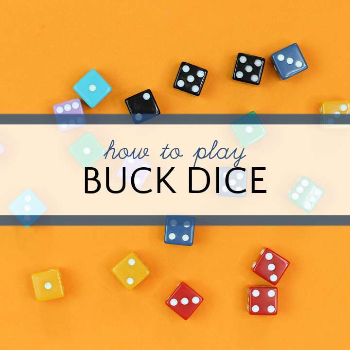 Colored dice on orange background with text how to play buck dice