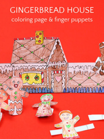 Finished gingerbread house coloring page and finger puppets