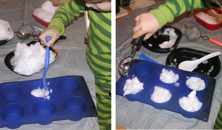 Side by side photos of child scooping snow into a muffin pan.