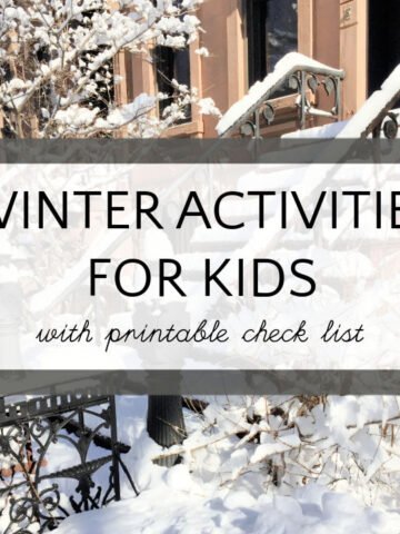 Snowy front yard with text overlay winter activities for kids