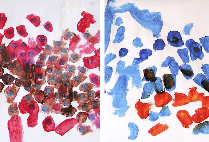 Side by side child painting of splotches.