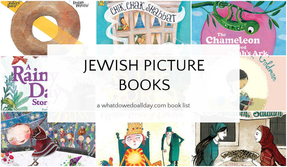 Collage of picture book covers with text overlay, Jewish Picture Books.