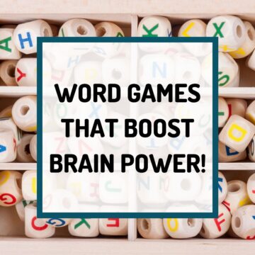 "Word games that boost brain power!" overlaid on photo of letter beads in a box.