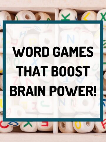 "Word games that boost brain power!" overlaid on photo of letter beads in a box.
