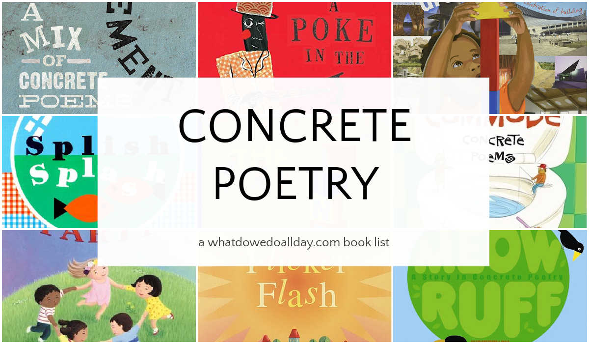 Collage of poetry book covers with text overlay that reads Concrete Poetry.