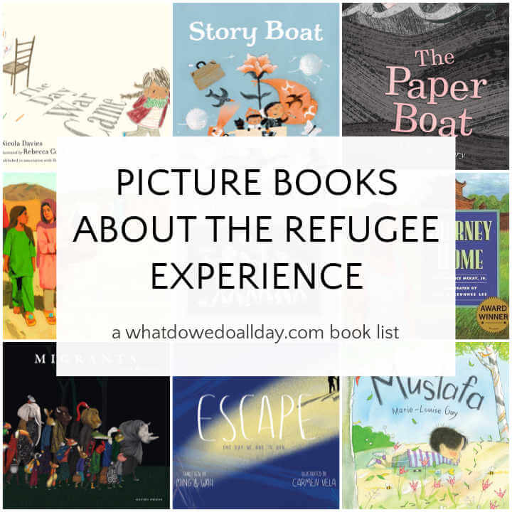 Collage of book covers for picture books about refugees