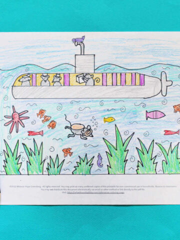 Submarine coloring page and colored pencils