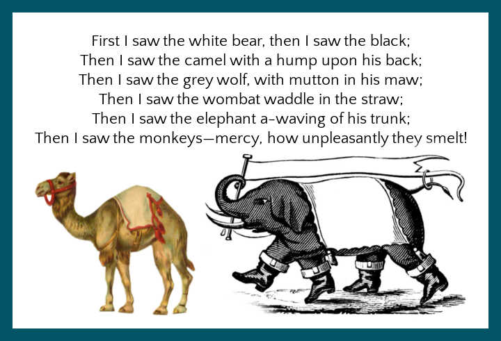 At the zoo poem with camel and elephant illustration