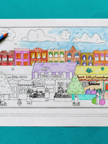 Street scene with laundromat coloring page
