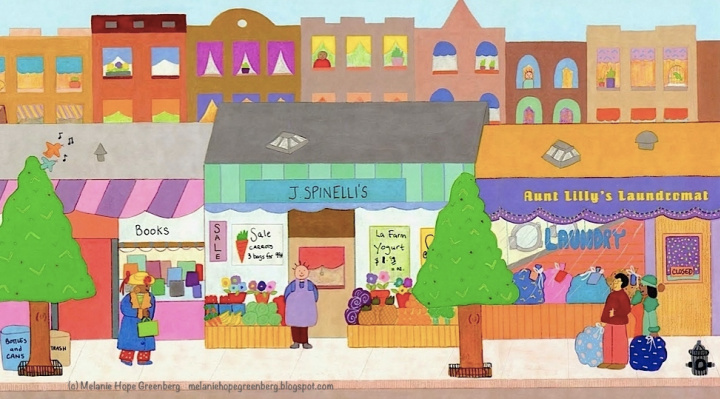 Colorful Brooklyn street scene with bookstore, laundry and grocery