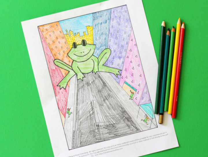 Frog coloring page and colored pencils