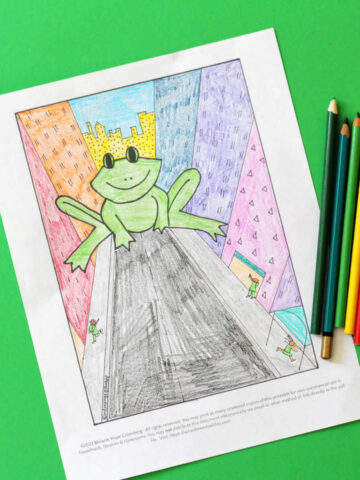 Frog coloring page and colored pencils