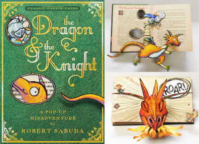 The Dragon and the Knight Pop Up book cover and two internal pages