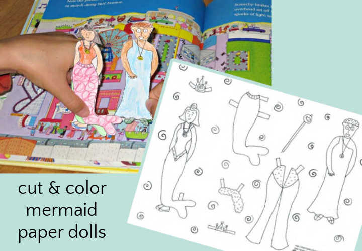 Mermaid paper dolls printable and child hands playing with dolls